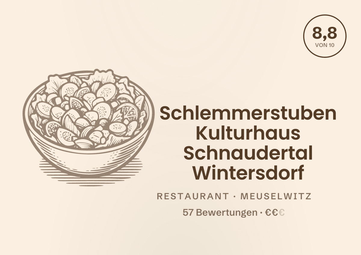 Illustriertes Poster von Schlemmerstuben Kulturhaus Schnaudertal Wintersdorf, Restaurant in Meuselwitz: Bewertung 8,8 von 10 aus 57 Bewertungen, Preisniveau €€