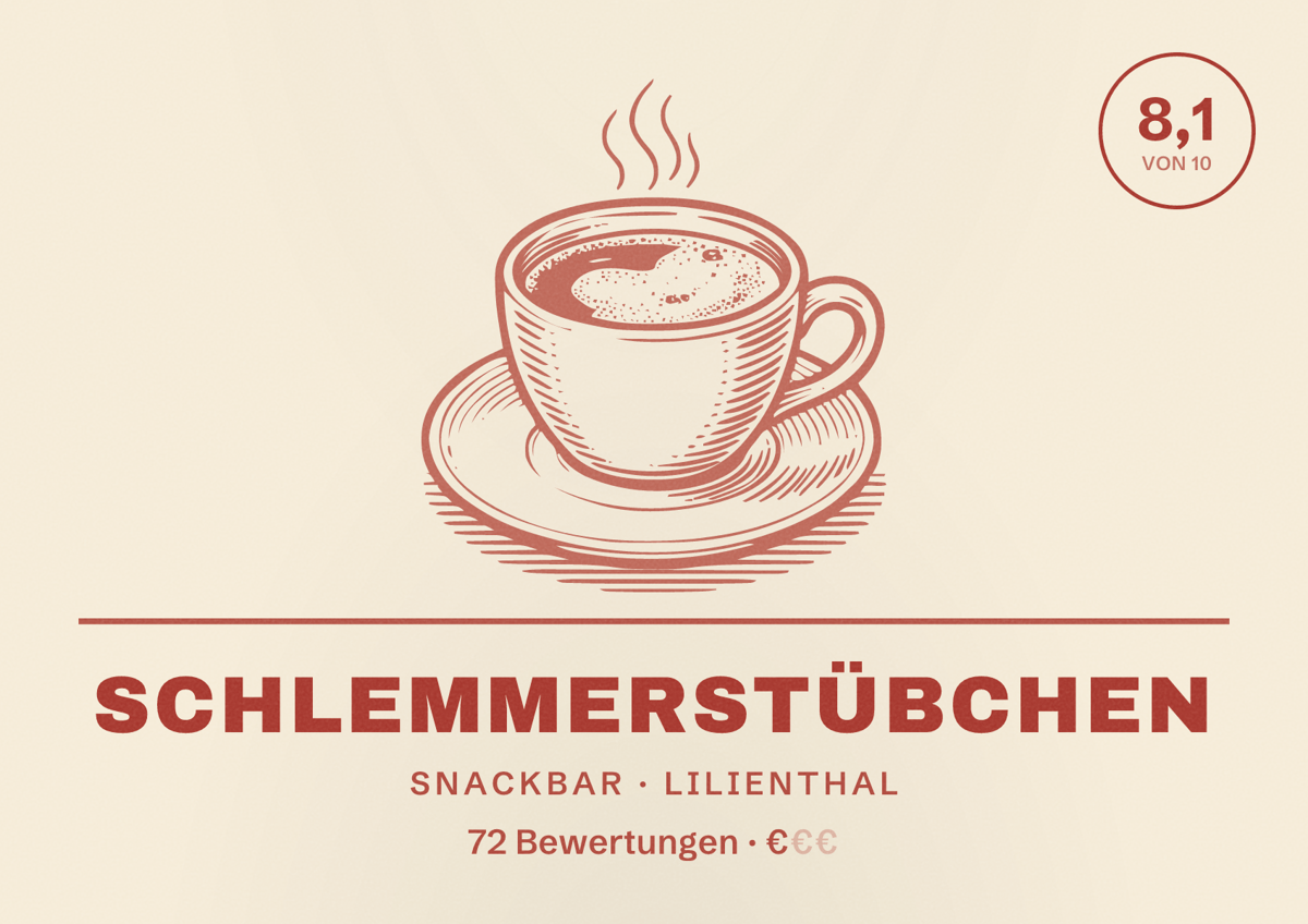 Illustriertes Poster von Schlemmerstübchen, Snackbar in Lilienthal: Bewertung 8,1 von 10 aus 72 Bewertungen, Preisniveau €
