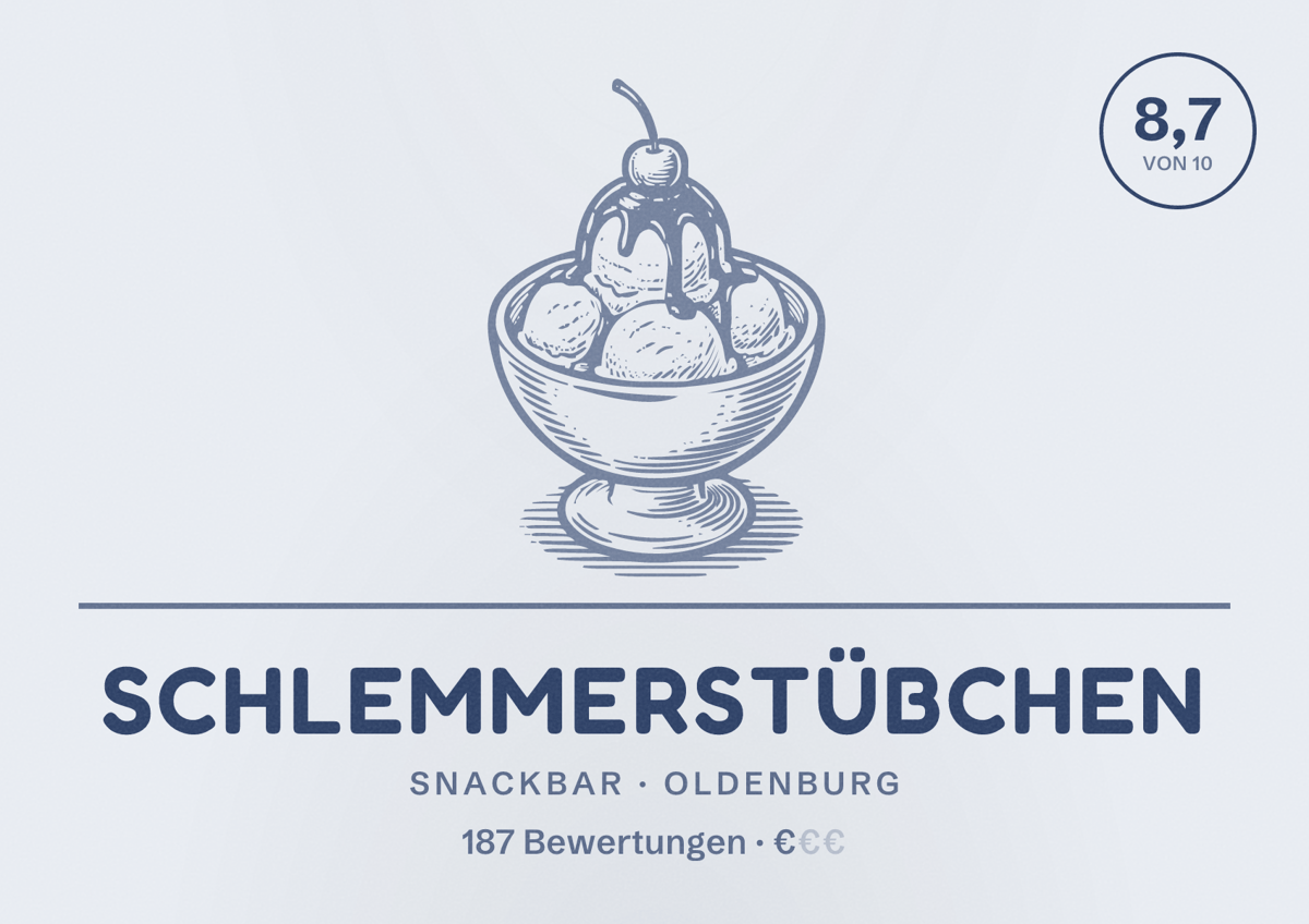 Illustriertes Poster von Schlemmerstübchen, Snackbar in Oldenburg: Bewertung 8,7 von 10 aus 187 Bewertungen, Preisniveau €