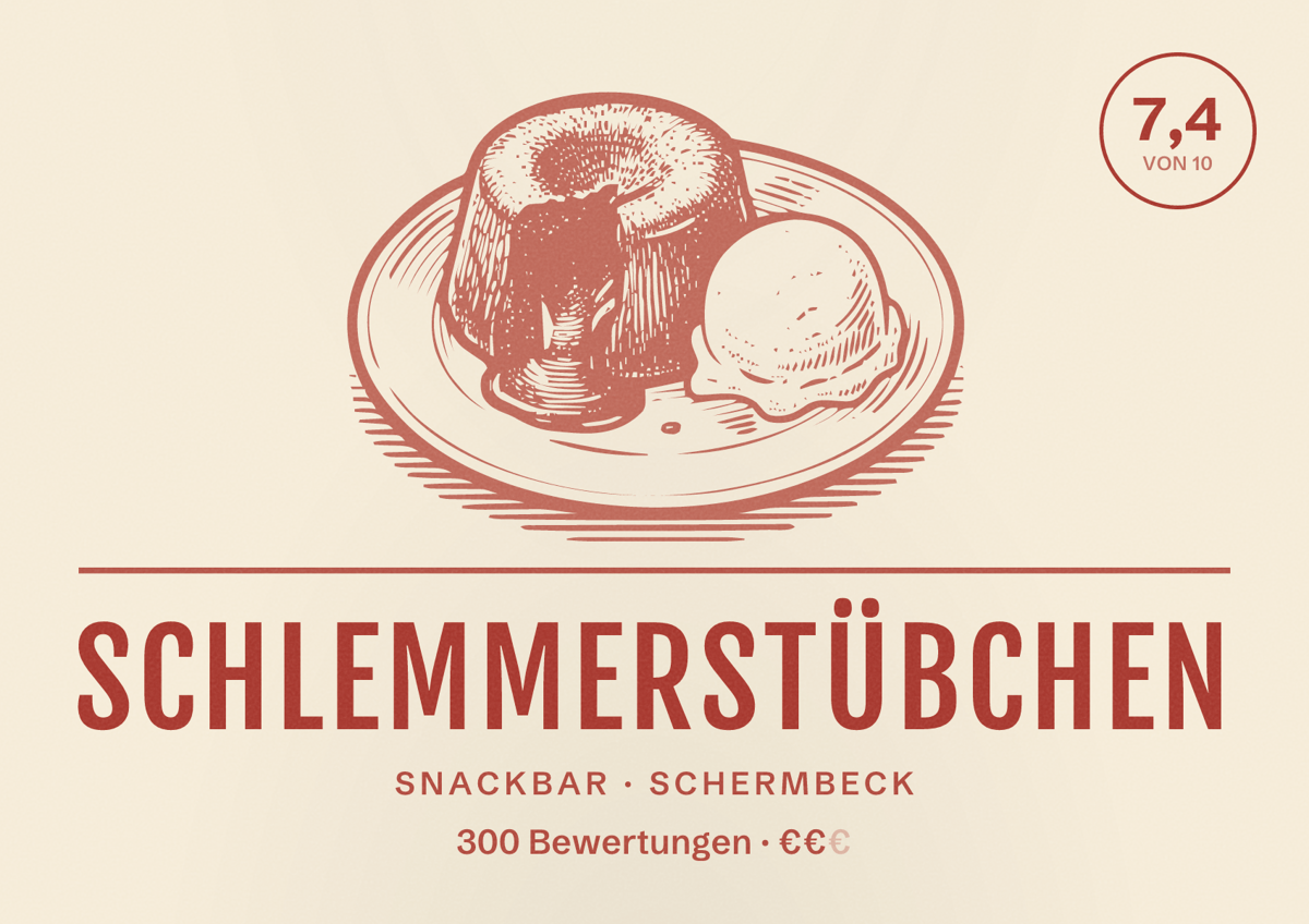 Illustriertes Poster von Schlemmerstübchen, Snackbar in Schermbeck: Bewertung 7,4 von 10 aus 300 Bewertungen, Preisniveau €€