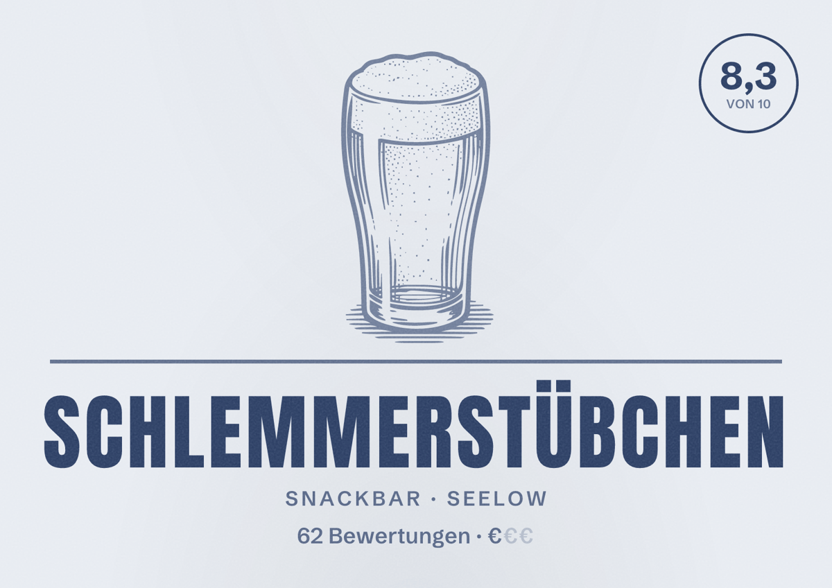 Illustriertes Poster von Schlemmerstübchen, Snackbar in Seelow: Bewertung 8,3 von 10 aus 62 Bewertungen, Preisniveau €