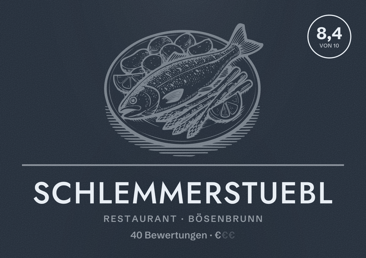 Illustriertes Poster von Schlemmerstuebl, Restaurant in Bösenbrunn: Bewertung 8,4 von 10 aus 40 Bewertungen, Preisniveau €