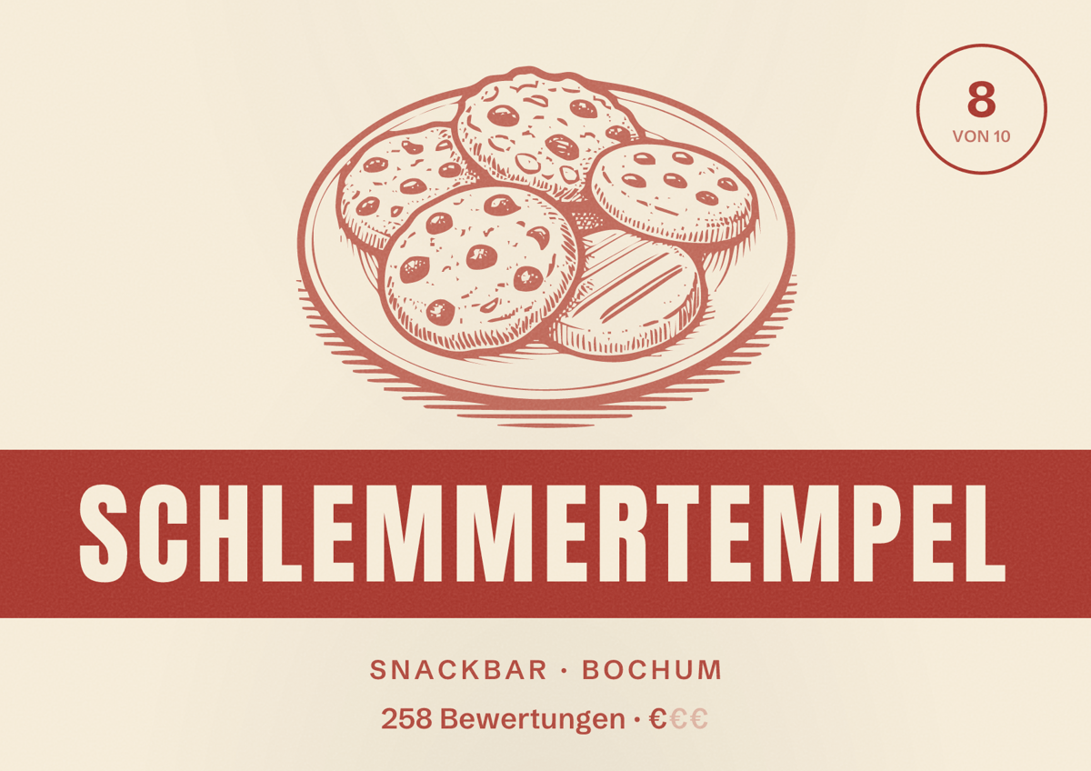 Illustriertes Poster von Schlemmertempel, Snackbar in Bochum: Bewertung 8 von 10 aus 258 Bewertungen, Preisniveau €