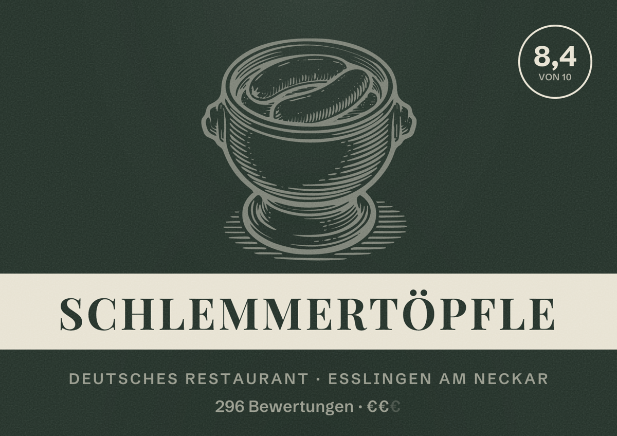 Illustriertes Poster von Schlemmertöpfle, Deutsches Restaurant in Esslingen am Neckar: Bewertung 8,4 von 10 aus 296 Bewertungen, Preisniveau €€