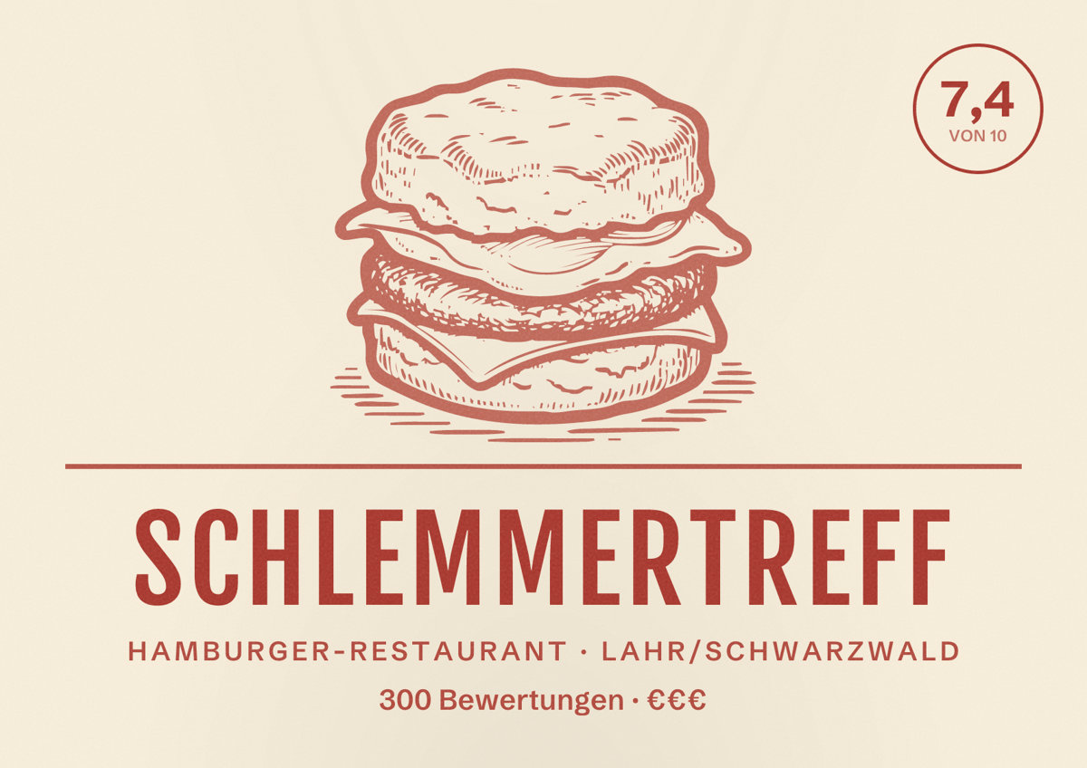 Illustriertes Poster von Schlemmertreff, Hamburger-Restaurant in Lahr/Schwarzwald: Bewertung 7,4 von 10 aus 300 Bewertungen, Preisniveau €€€