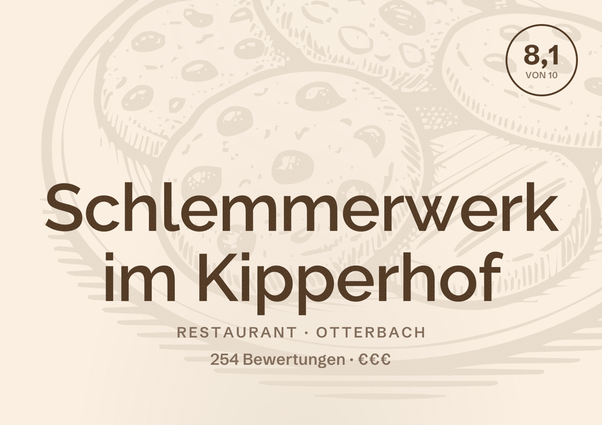 Illustriertes Poster von Schlemmerwerk im Kipperhof, Restaurant in Otterbach: Bewertung 8,1 von 10 aus 254 Bewertungen, Preisniveau €€€