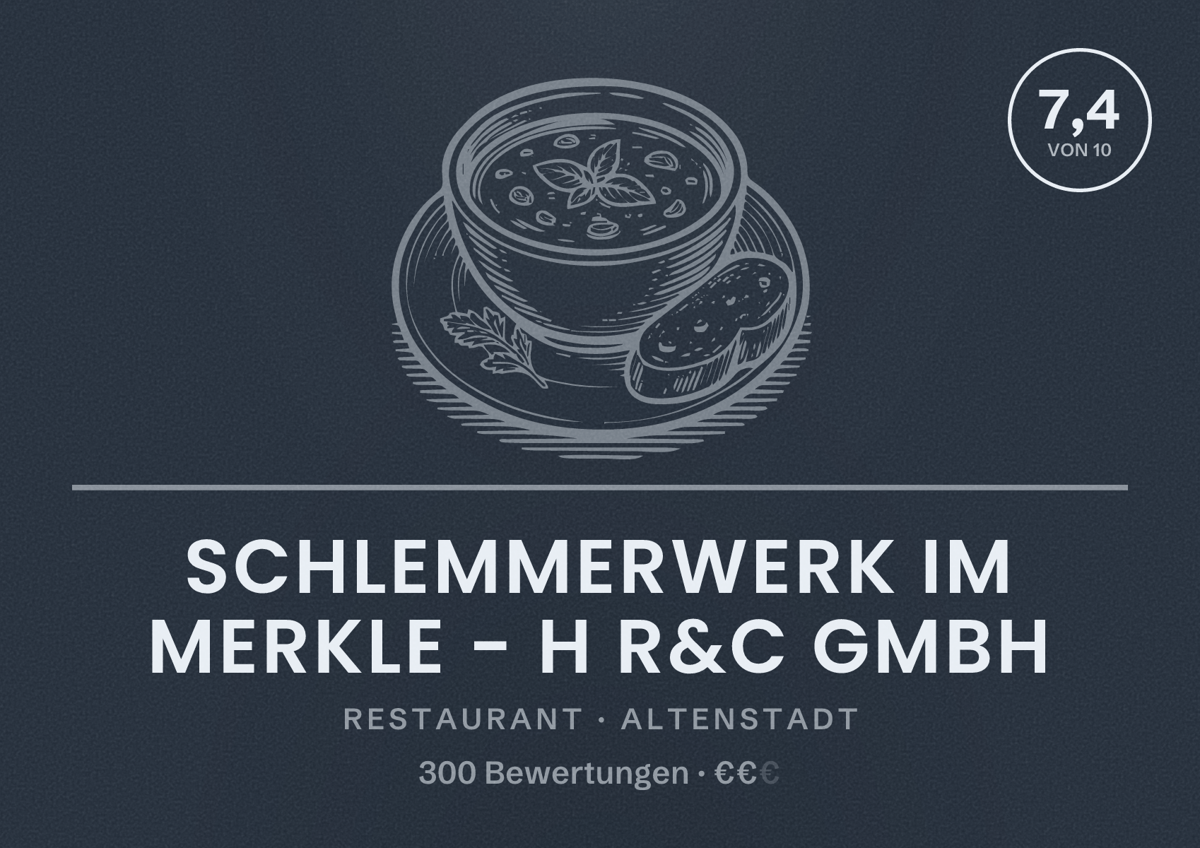 Illustriertes Poster von Schlemmerwerk im Merkle - H R&C GmbH, Restaurant in Altenstadt: Bewertung 7,4 von 10 aus 300 Bewertungen, Preisniveau €€