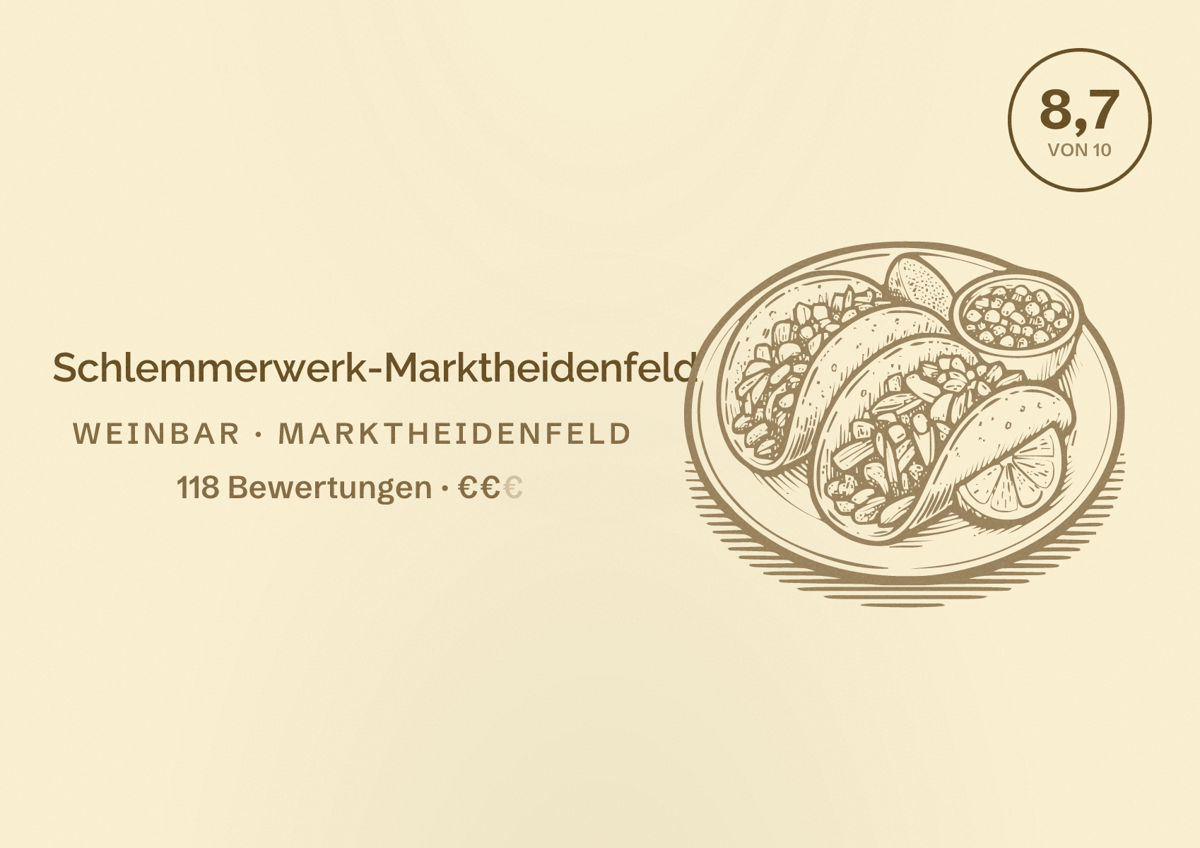 Illustriertes Poster von Schlemmerwerk-Marktheidenfeld, Weinbar in Marktheidenfeld: Bewertung 8,7 von 10 aus 118 Bewertungen, Preisniveau €€