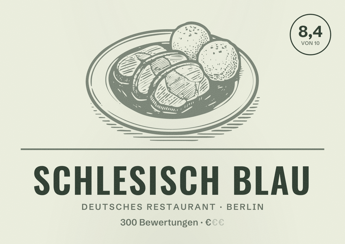 Illustriertes Poster von Schlesisch Blau, Deutsches Restaurant in Berlin: Bewertung 8,4 von 10 aus 300 Bewertungen, Preisniveau €
