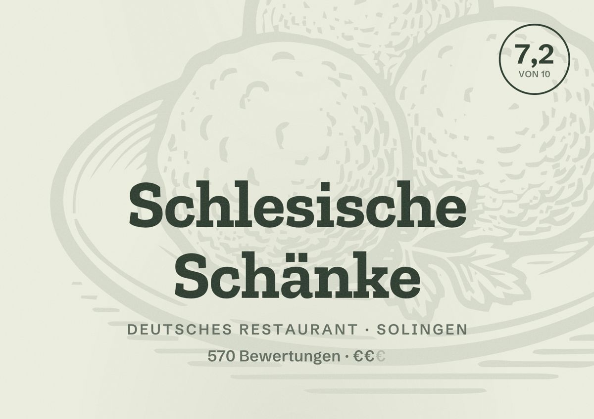 Illustriertes Poster von Schlesische Schänke, Deutsches Restaurant in Solingen: Bewertung 7,2 von 10 aus 570 Bewertungen, Preisniveau €€