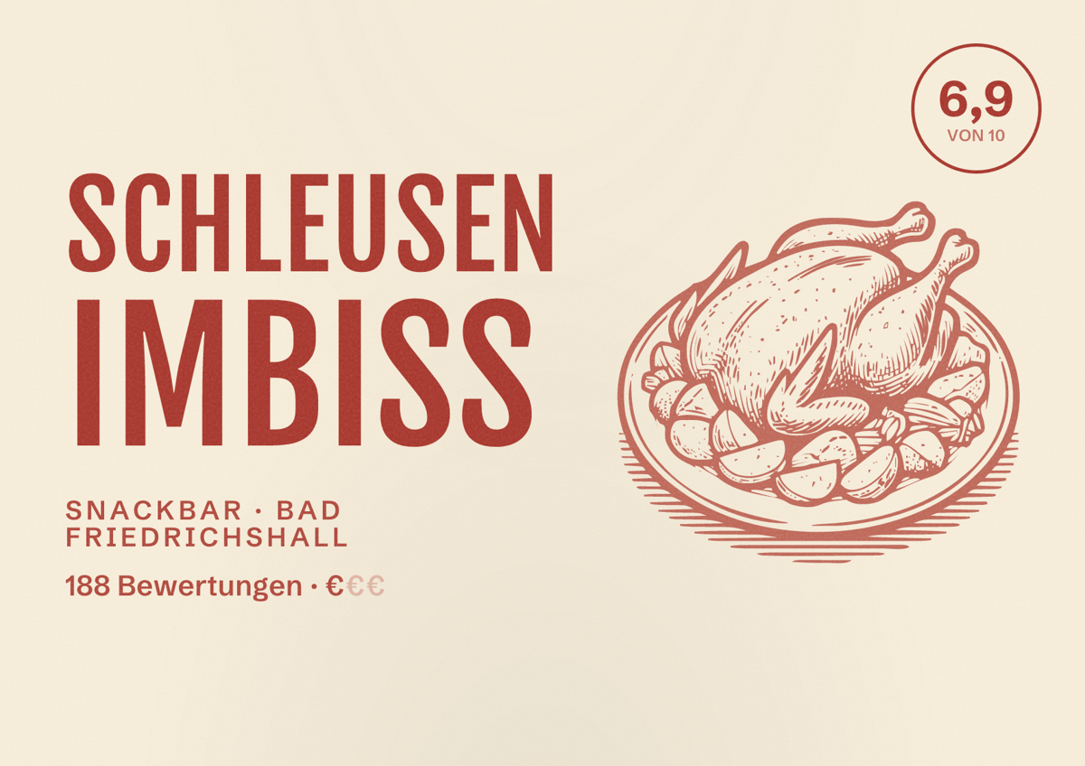Illustriertes Poster von Schleusen Imbiss, Snackbar in Bad Friedrichshall: Bewertung 6,9 von 10 aus 188 Bewertungen, Preisniveau €