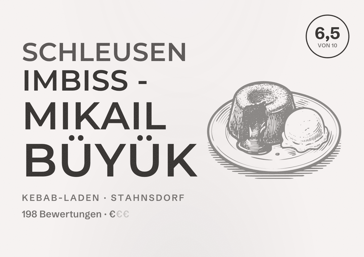 Illustriertes Poster von Schleusen Imbiss - Mikail Büyük, Kebab-Laden in Stahnsdorf: Bewertung 6,5 von 10 aus 198 Bewertungen, Preisniveau €