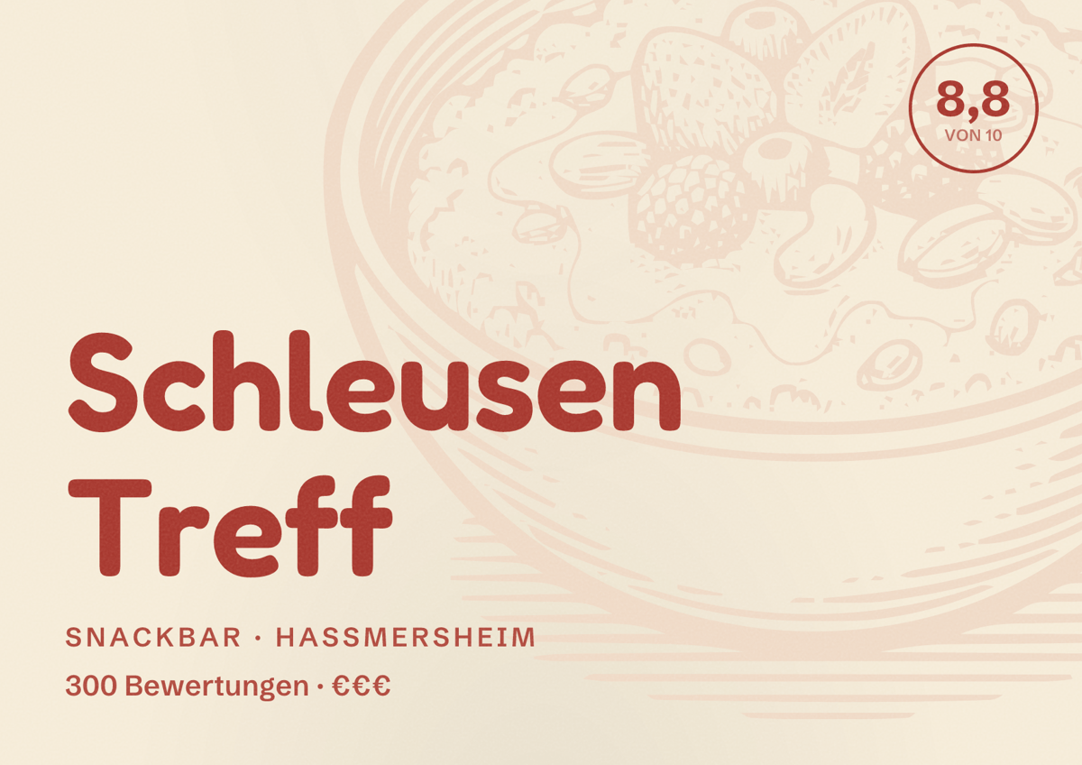 Illustriertes Poster von Schleusen Treff, Snackbar in Haßmersheim: Bewertung 8,8 von 10 aus 300 Bewertungen, Preisniveau €€€