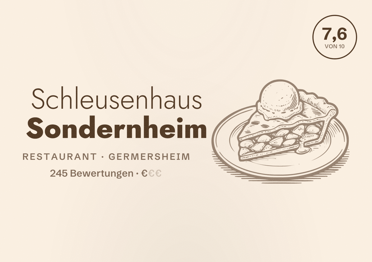 Illustriertes Poster von Schleusenhaus Sondernheim, Restaurant in Germersheim: Bewertung 7,6 von 10 aus 245 Bewertungen, Preisniveau €