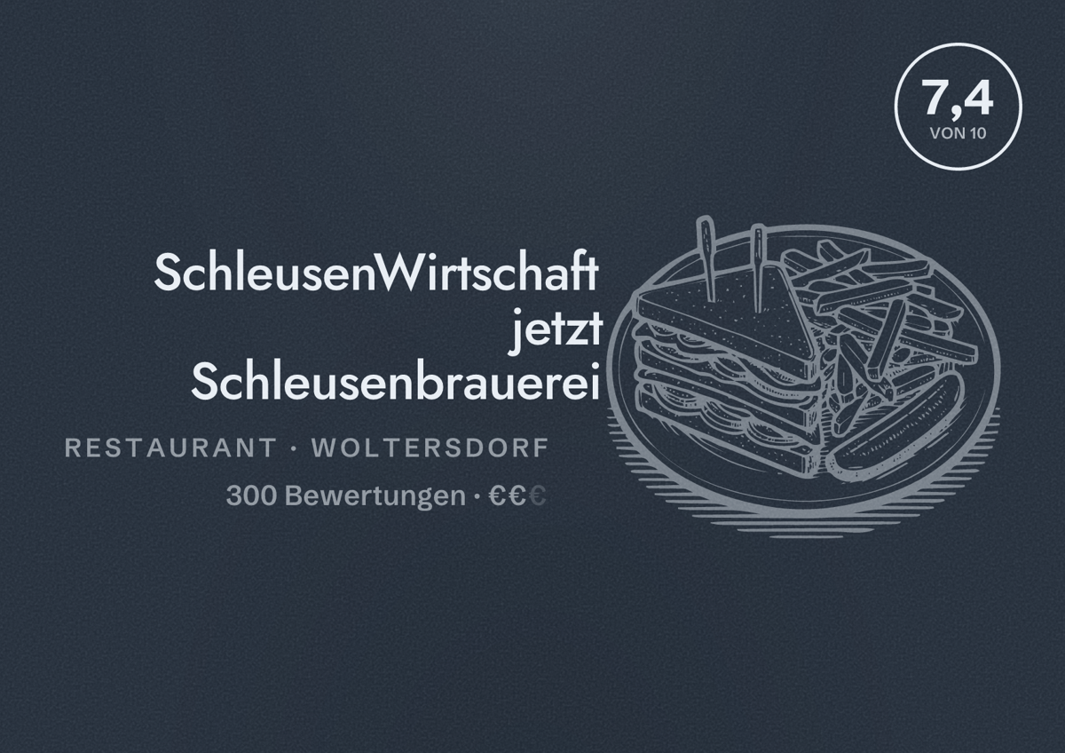 Illustriertes Poster von SchleusenWirtschaft jetzt Schleusenbrauerei, Restaurant in Woltersdorf: Bewertung 7,4 von 10 aus 300 Bewertungen, Preisniveau €€