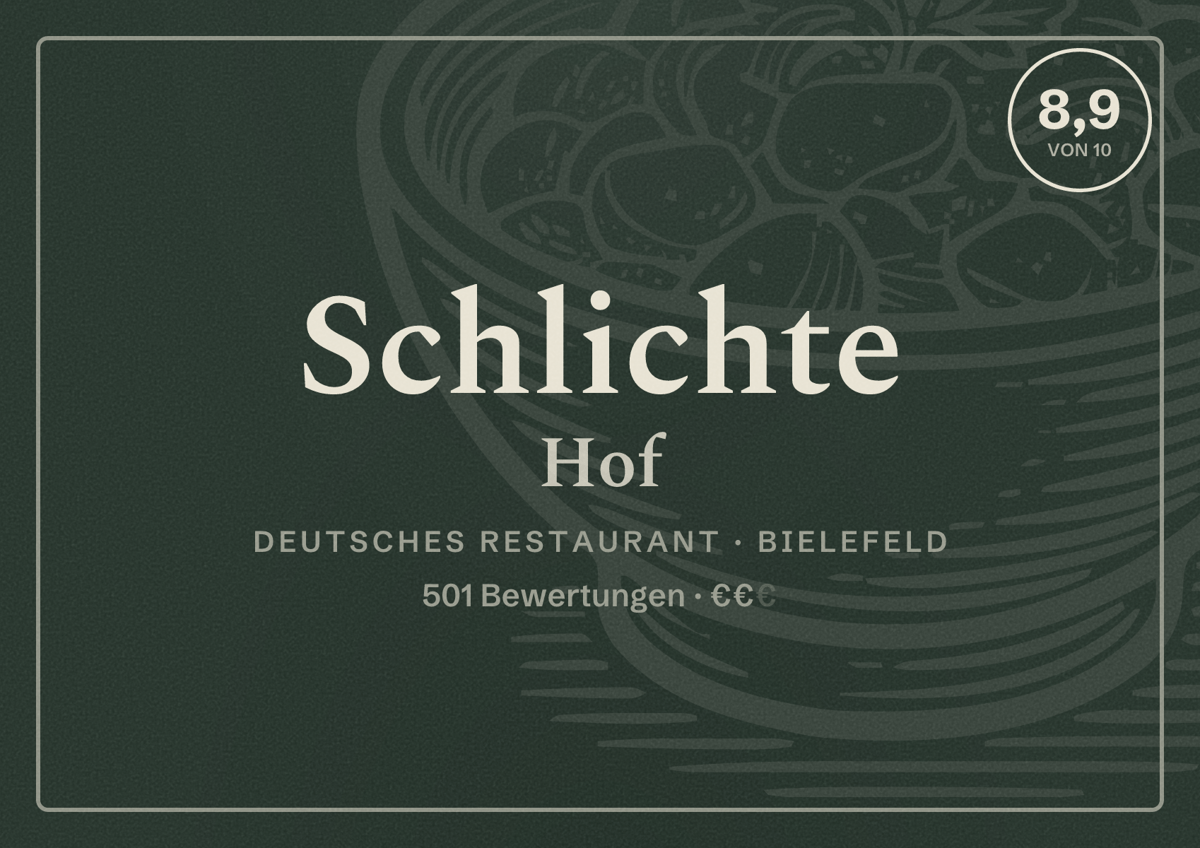 Illustriertes Poster von Schlichte Hof, Deutsches Restaurant in Bielefeld: Bewertung 8,9 von 10 aus 501 Bewertungen, Preisniveau €€