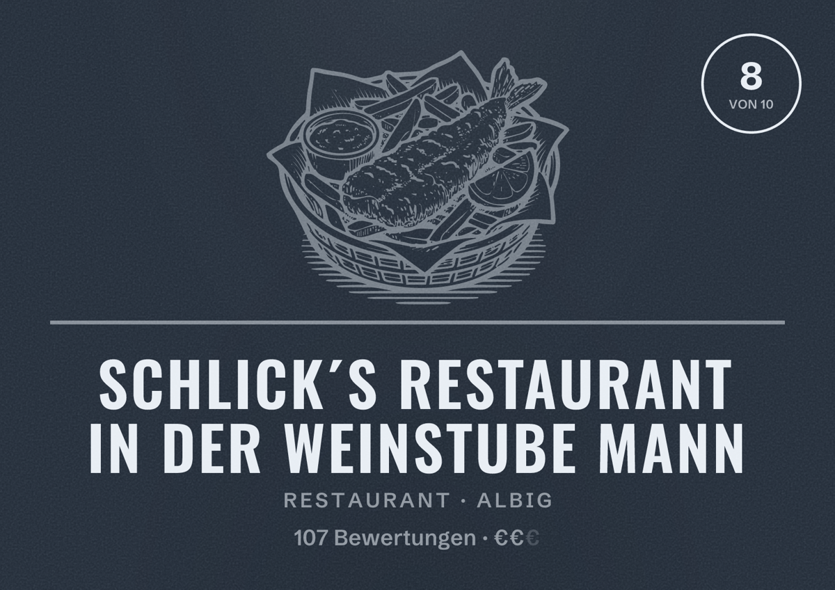 Illustriertes Poster von Schlick´s Restaurant in der Weinstube Mann, Restaurant in Albig: Bewertung 8 von 10 aus 107 Bewertungen, Preisniveau €€