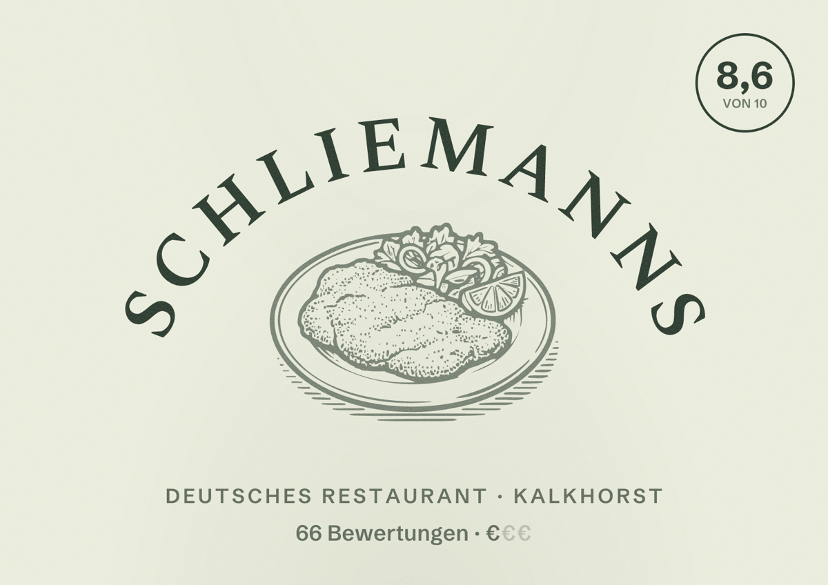 Illustriertes Poster von Schliemanns, Deutsches Restaurant in Kalkhorst: Bewertung 8,6 von 10 aus 66 Bewertungen, Preisniveau €