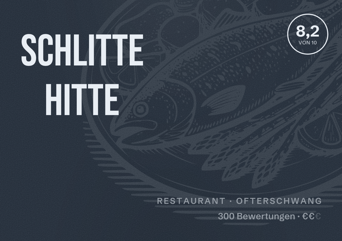 Illustriertes Poster von Schlitte Hitte, Restaurant in Ofterschwang: Bewertung 8,2 von 10 aus 300 Bewertungen, Preisniveau €€
