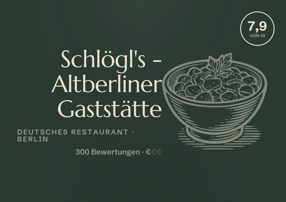 Illustriertes Poster von Schlögl's - Altberliner Gaststätte, Deutsches Restaurant in Berlin: Bewertung 7,9 von 10 aus 300 Bewertungen, Preisniveau €