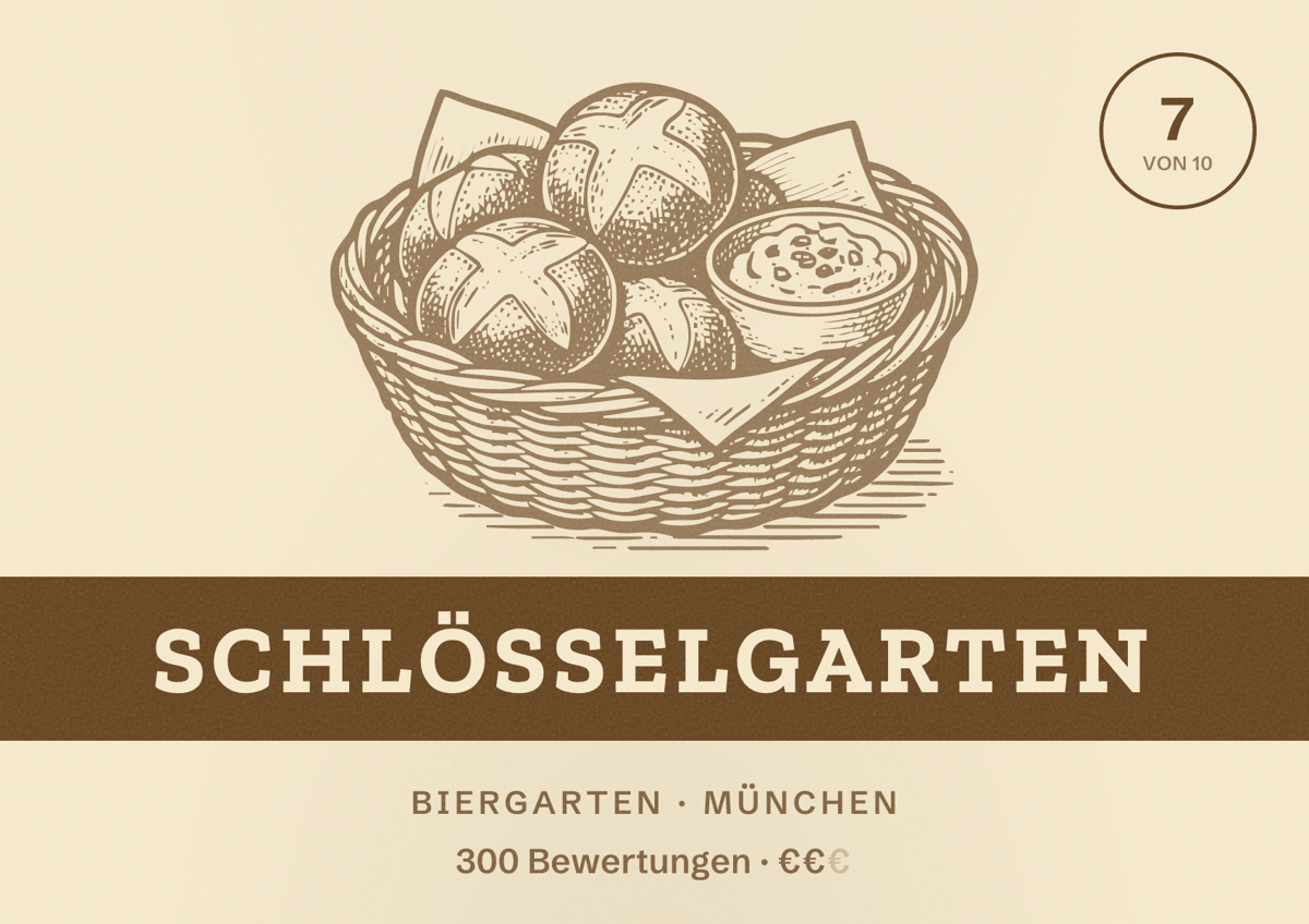 Illustriertes Poster von Schlösselgarten, Biergarten in München: Bewertung 7 von 10 aus 300 Bewertungen, Preisniveau €€