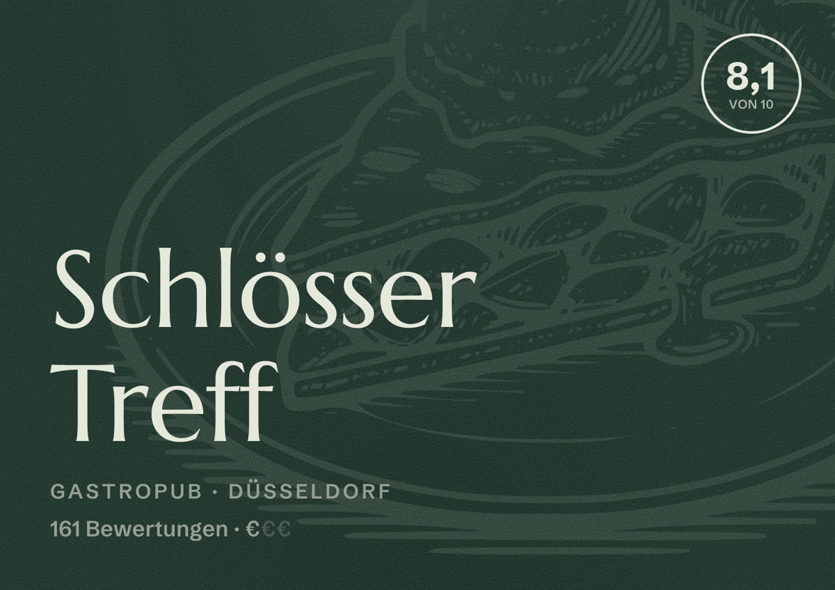 Illustriertes Poster von Schlösser Treff, Gastropub in Düsseldorf: Bewertung 8,1 von 10 aus 161 Bewertungen, Preisniveau €