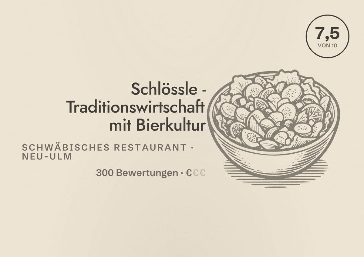 Illustriertes Poster von Schlössle - Traditionswirtschaft mit Bierkultur, Schwäbisches Restaurant in Neu-Ulm: Bewertung 7,5 von 10 aus 300 Bewertungen, Preisniveau €