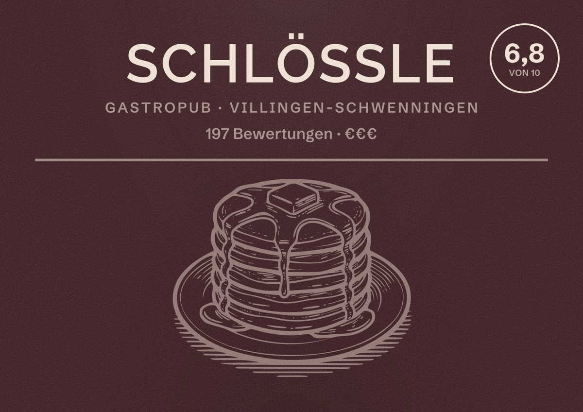 Illustriertes Poster von Schlössle, Gastropub in Villingen-Schwenningen: Bewertung 6,8 von 10 aus 197 Bewertungen, Preisniveau €€€
