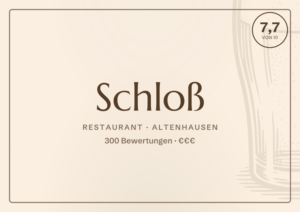Illustriertes Poster von Schloß, Restaurant in Altenhausen: Bewertung 7,7 von 10 aus 300 Bewertungen, Preisniveau €€€