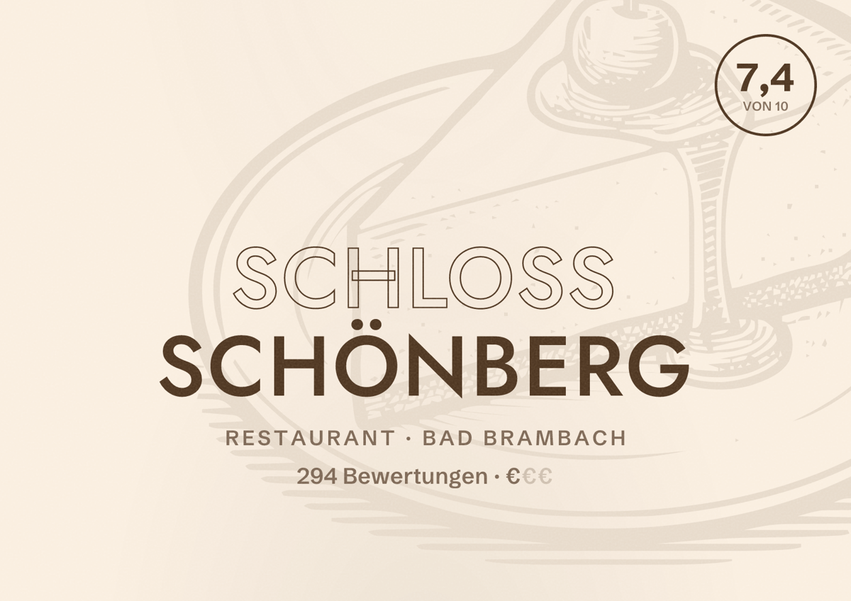 Illustriertes Poster von Schloss Schönberg, Restaurant in Bad Brambach: Bewertung 7,4 von 10 aus 294 Bewertungen, Preisniveau €