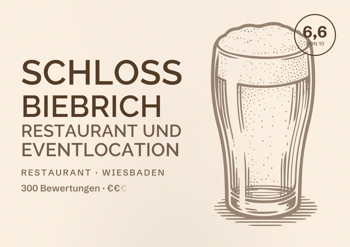 Illustriertes Poster von Schloss Biebrich Restaurant und Eventlocation, Restaurant in Wiesbaden: Bewertung 6,6 von 10 aus 300 Bewertungen, Preisniveau €€