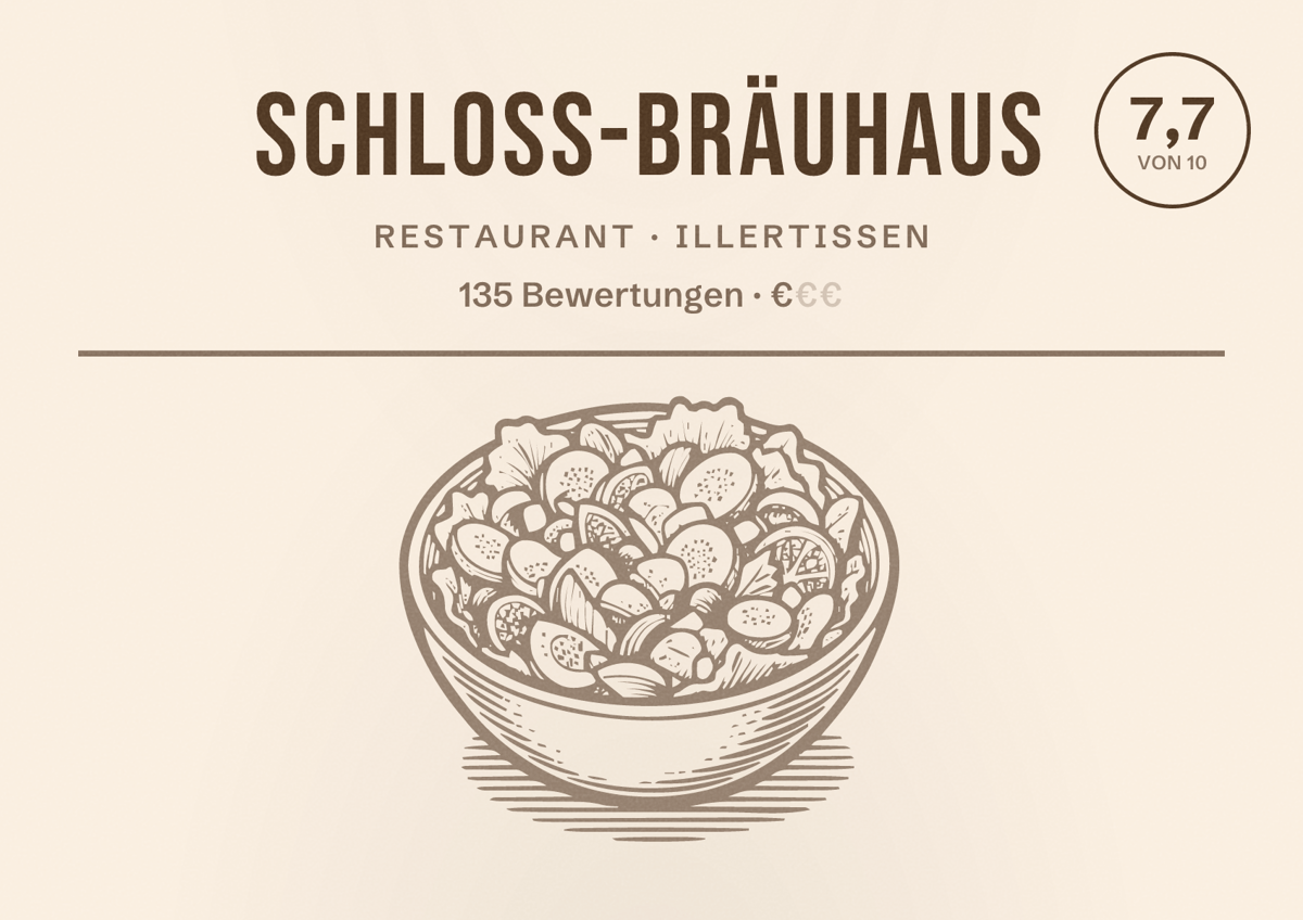 Illustriertes Poster von Schloss-Bräuhaus, Restaurant in Illertissen: Bewertung 7,7 von 10 aus 135 Bewertungen, Preisniveau €