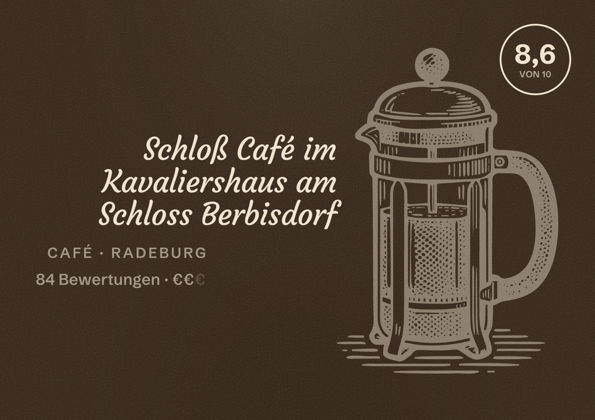 Illustriertes Poster von Schloß Café im Kavaliershaus am Schloss Berbisdorf, Café in Radeburg: Bewertung 8,6 von 10 aus 84 Bewertungen, Preisniveau €€