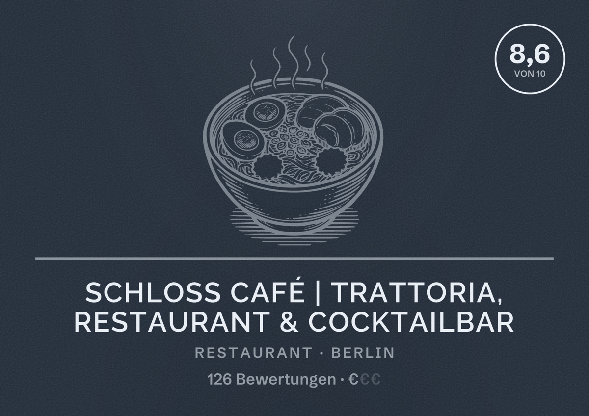 Illustriertes Poster von Schloss Café | Trattoria, Restaurant & Cocktailbar, Restaurant in Berlin: Bewertung 8,6 von 10 aus 126 Bewertungen, Preisniveau €