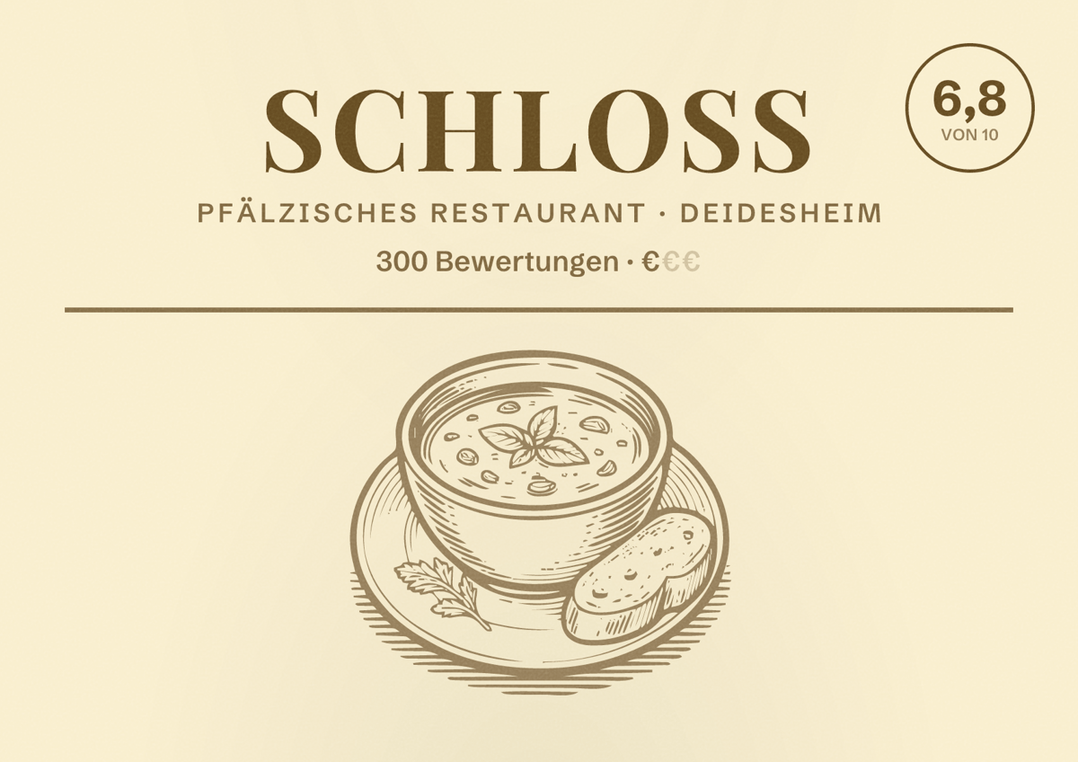 Illustriertes Poster von Schloss, Pfälzisches Restaurant in Deidesheim: Bewertung 6,8 von 10 aus 300 Bewertungen, Preisniveau €