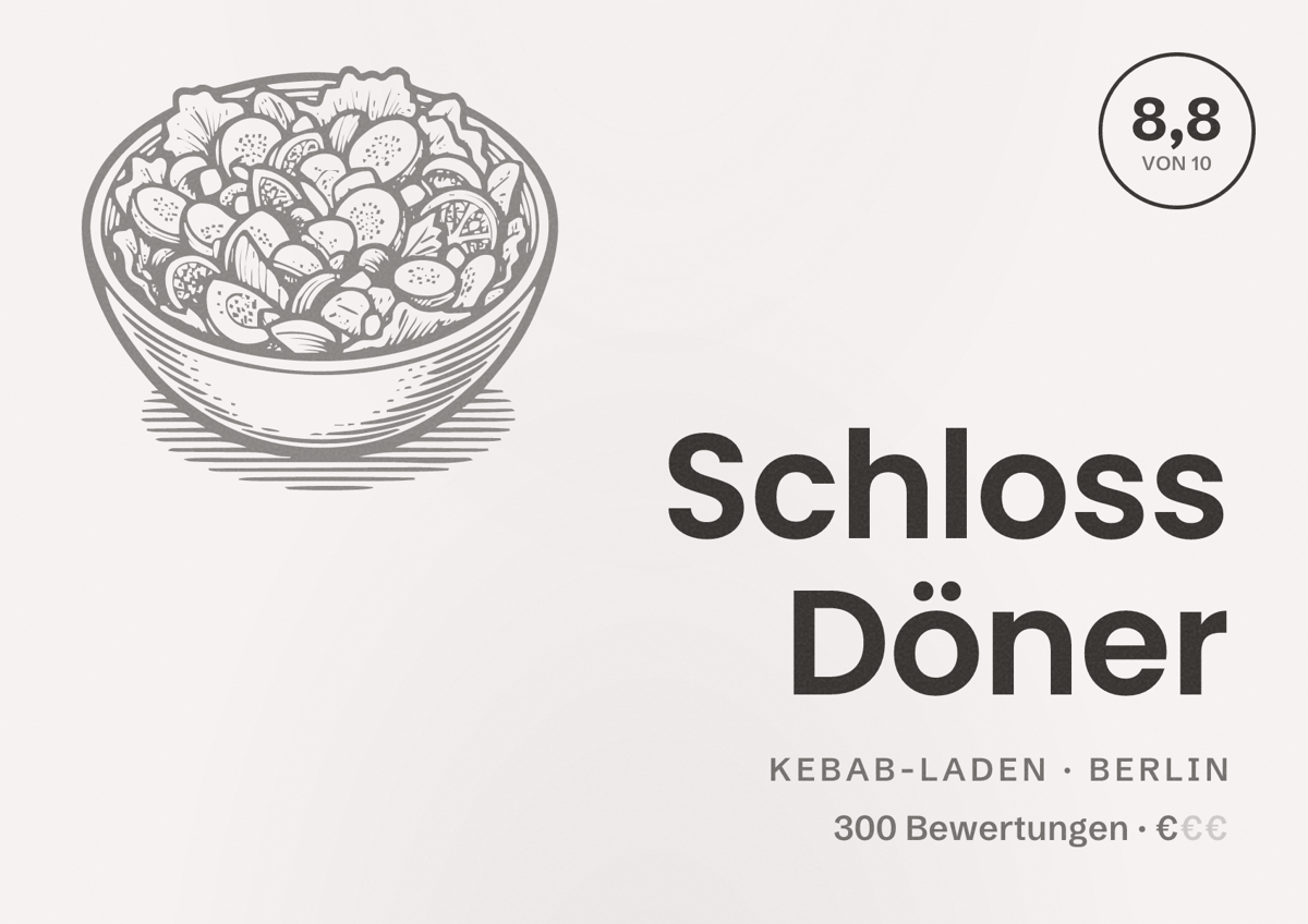 Illustriertes Poster von Schloss Döner, Kebab-Laden in Berlin: Bewertung 8,8 von 10 aus 300 Bewertungen, Preisniveau €
