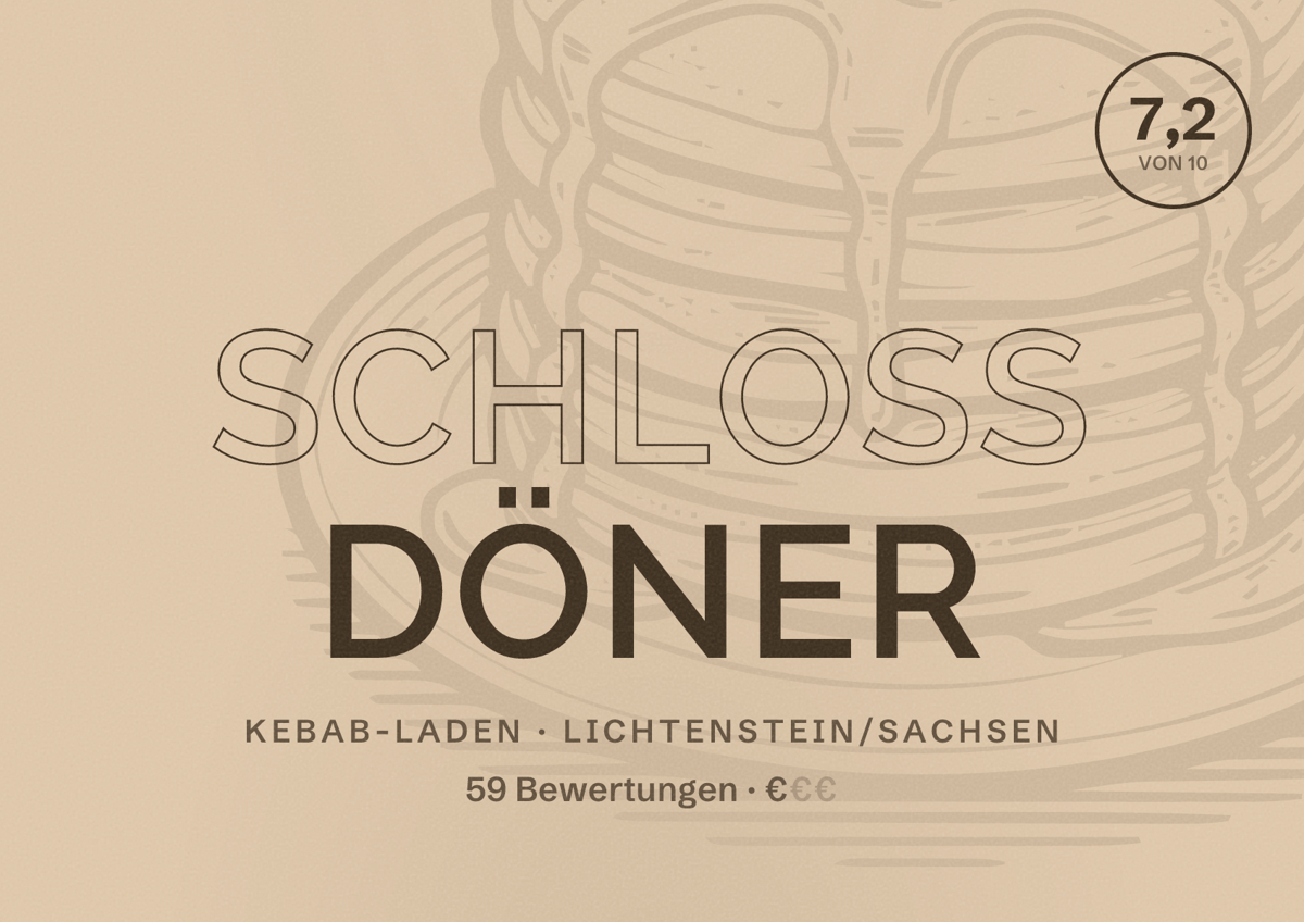 Illustriertes Poster von Schloß Döner, Kebab-Laden in Lichtenstein/Sachsen: Bewertung 7,2 von 10 aus 59 Bewertungen, Preisniveau €