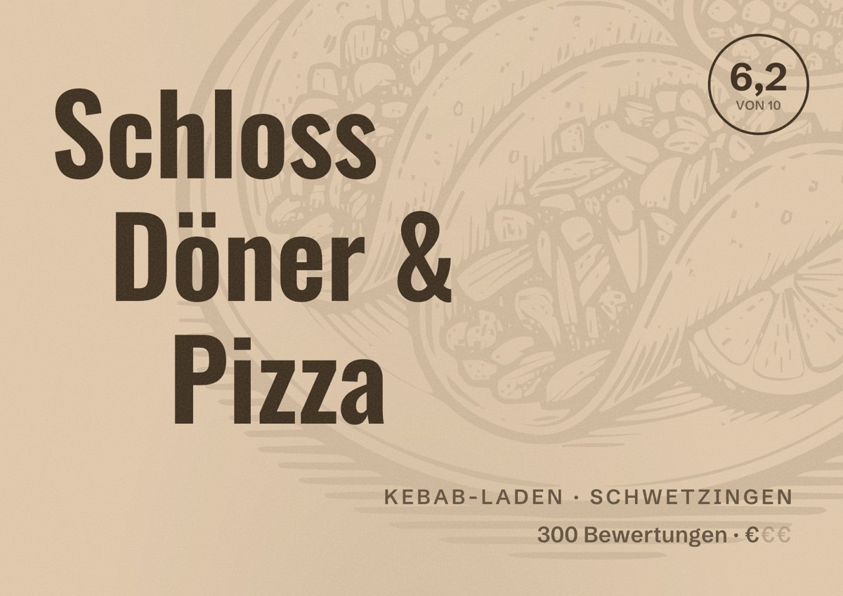 Illustriertes Poster von Schloss Döner & Pizza, Kebab-Laden in Schwetzingen: Bewertung 6,2 von 10 aus 300 Bewertungen, Preisniveau €