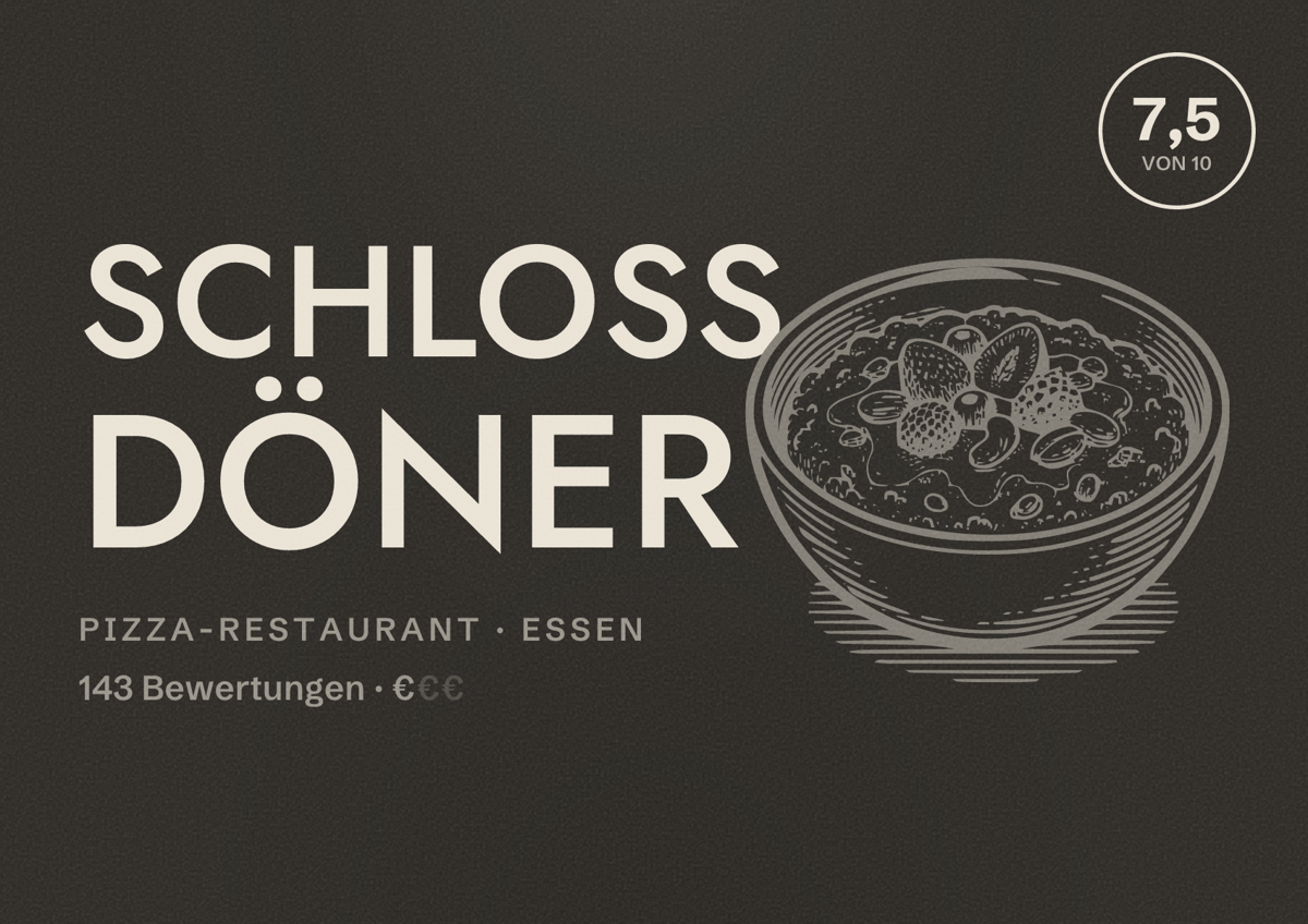 Illustriertes Poster von Schloß Döner, Pizza-Restaurant in Essen: Bewertung 7,5 von 10 aus 143 Bewertungen, Preisniveau €