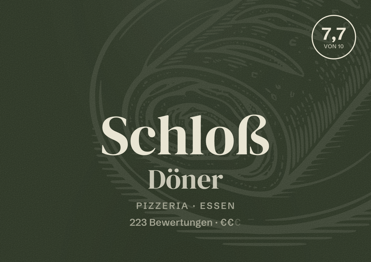 Illustriertes Poster von Schloß Döner, Pizzeria in Essen: Bewertung 7,7 von 10 aus 223 Bewertungen, Preisniveau €€