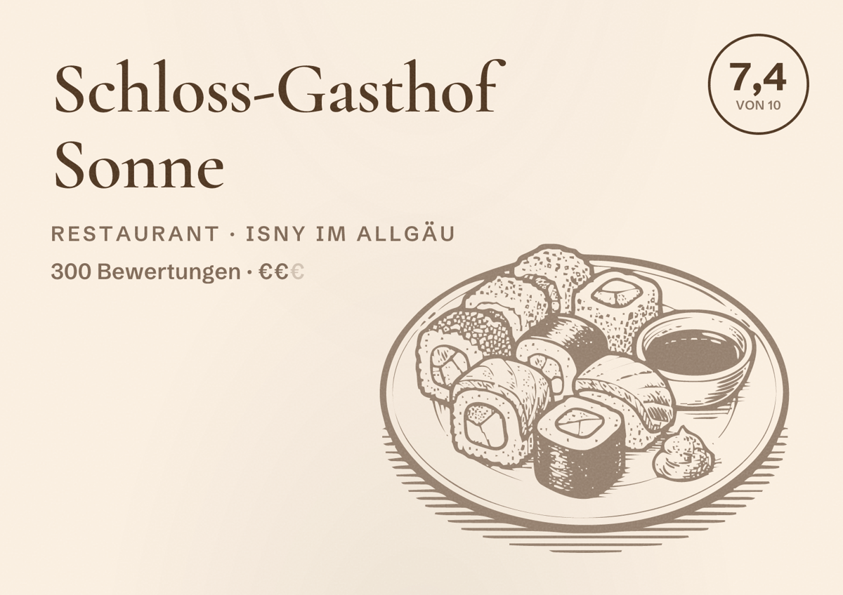 Illustriertes Poster von Schloss-Gasthof Sonne, Restaurant in Isny im Allgäu: Bewertung 7,4 von 10 aus 300 Bewertungen, Preisniveau €€
