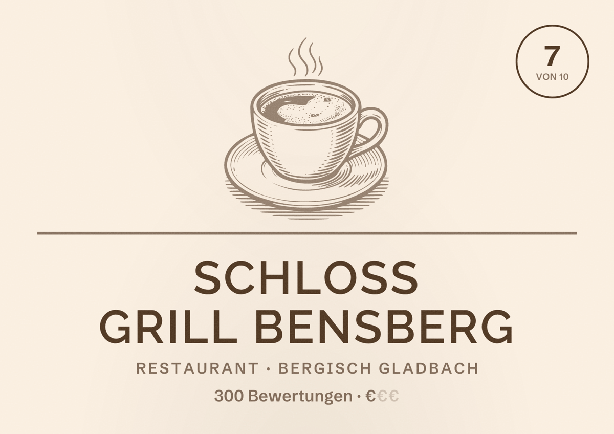 Illustriertes Poster von Schloß Grill Bensberg, Restaurant in Bergisch Gladbach: Bewertung 7 von 10 aus 300 Bewertungen, Preisniveau €