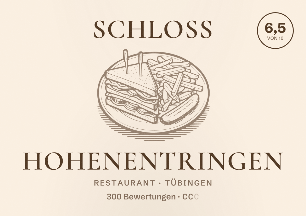 Illustriertes Poster von Schloss Hohenentringen, Restaurant in Tübingen: Bewertung 6,5 von 10 aus 300 Bewertungen, Preisniveau €€