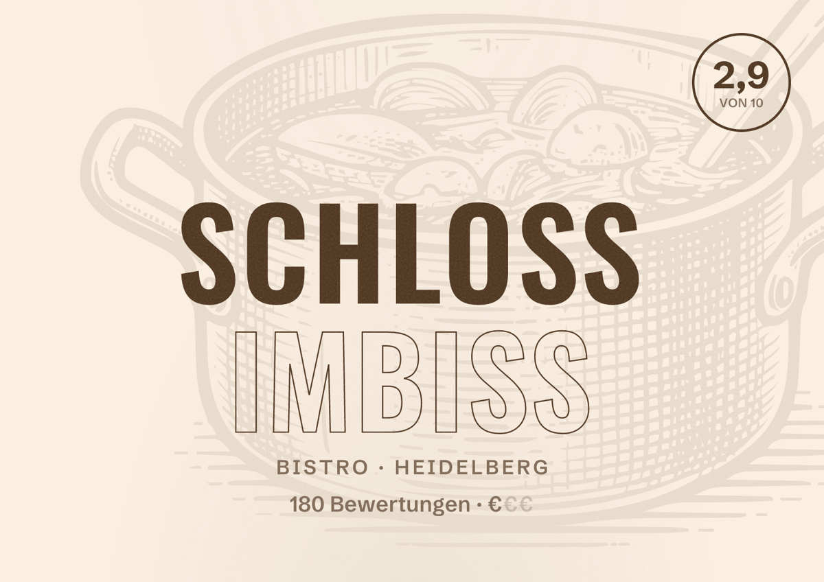 Illustriertes Poster von Schloss Imbiss, Bistro in Heidelberg: Bewertung 2,9 von 10 aus 180 Bewertungen, Preisniveau €