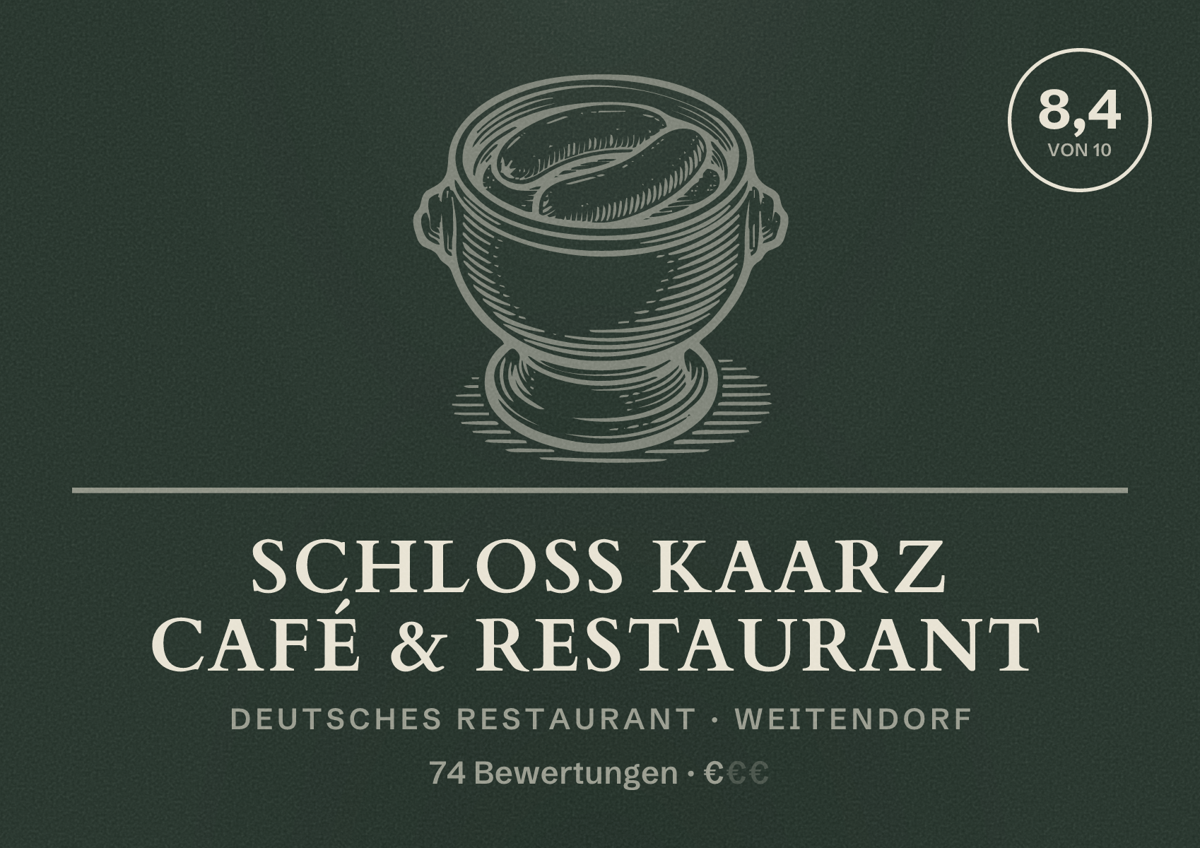 Illustriertes Poster von Schloss Kaarz Café & Restaurant, Deutsches Restaurant in Weitendorf: Bewertung 8,4 von 10 aus 74 Bewertungen, Preisniveau €