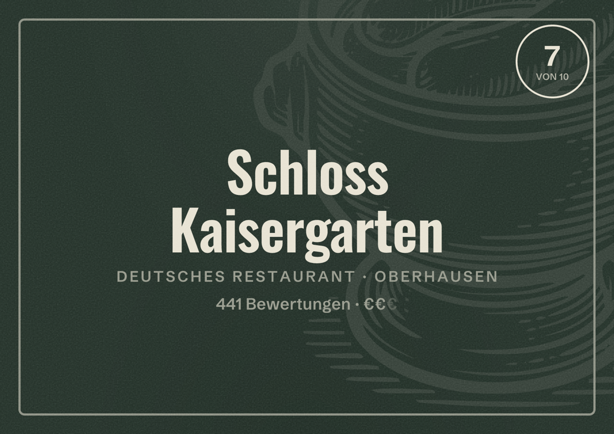 Illustriertes Poster von Schloss Kaisergarten, Deutsches Restaurant in Oberhausen: Bewertung 7 von 10 aus 441 Bewertungen, Preisniveau €€