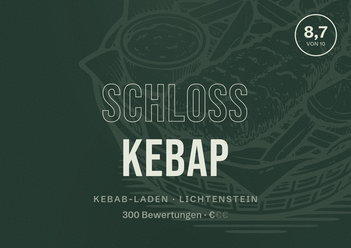 Illustriertes Poster von Schloss Kebap, Kebab-Laden in Lichtenstein: Bewertung 8,7 von 10 aus 300 Bewertungen, Preisniveau €