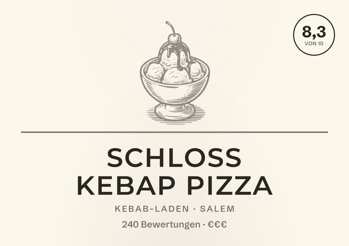 Illustriertes Poster von Schloss Kebap Pizza, Kebab-Laden in Salem: Bewertung 8,3 von 10 aus 240 Bewertungen, Preisniveau €€€