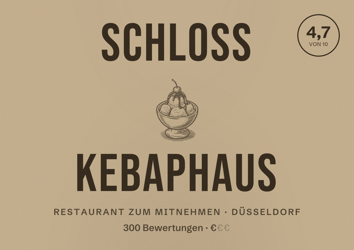 Illustriertes Poster von Schloss Kebaphaus, Restaurant zum Mitnehmen in Düsseldorf: Bewertung 4,7 von 10 aus 300 Bewertungen, Preisniveau €