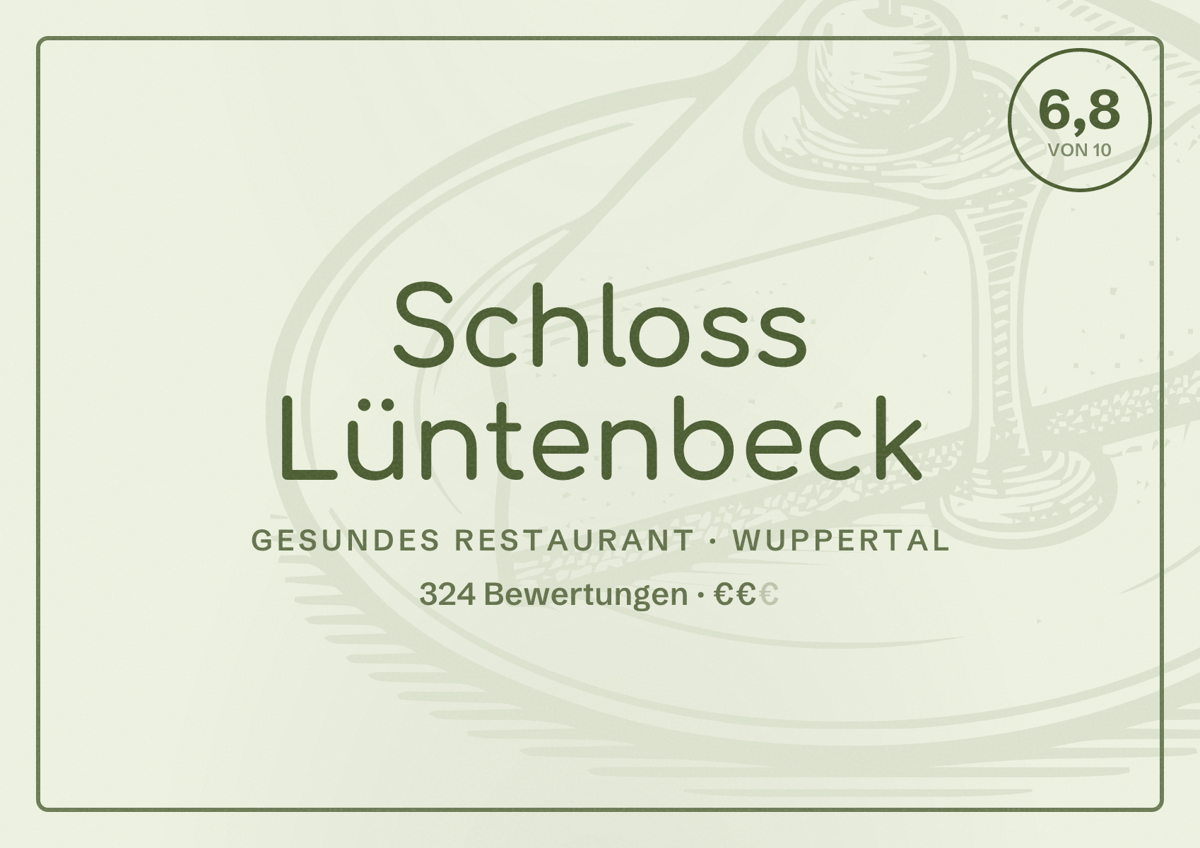 Illustriertes Poster von Schloss Lüntenbeck, Gesundes Restaurant in Wuppertal: Bewertung 6,8 von 10 aus 324 Bewertungen, Preisniveau €€